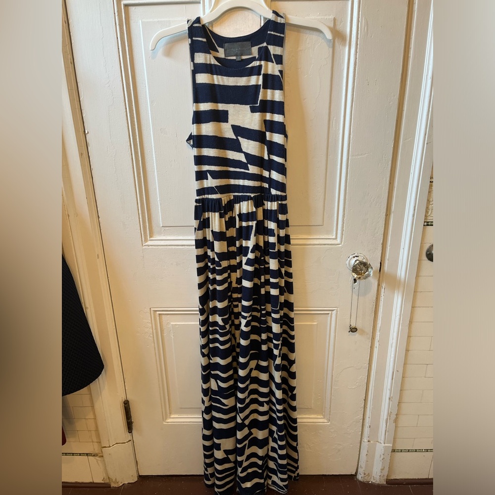 Maxi dress, cotton, blue, tan pattern. From Anthropologie. Worn